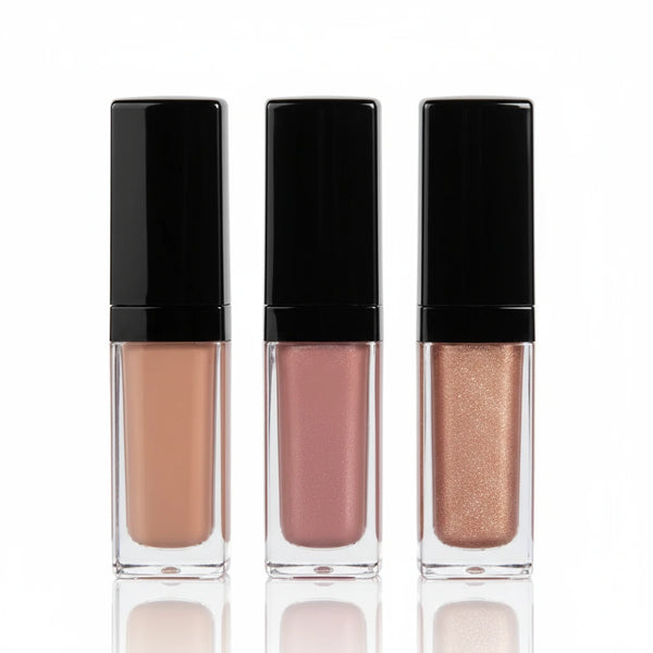 Three lip gloss bottles with black caps 