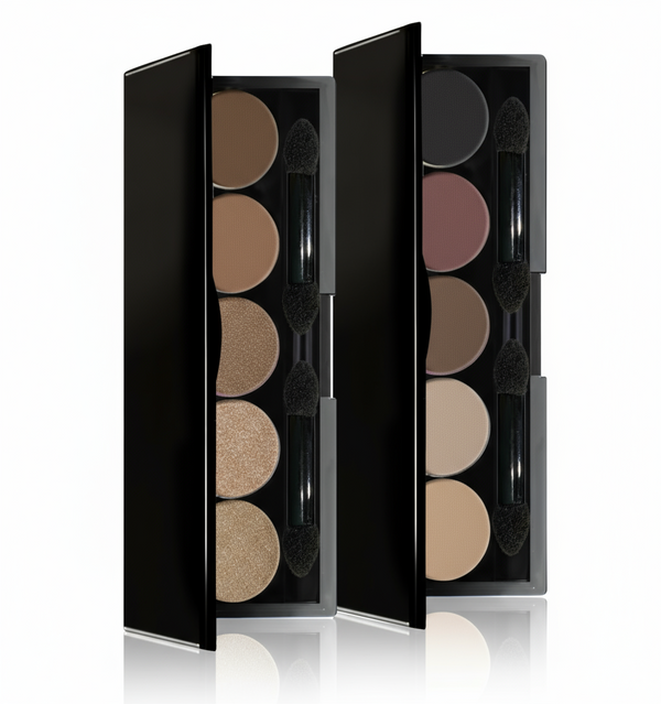 Makeup palette with various shades of eyeshadows and brushes on a white background