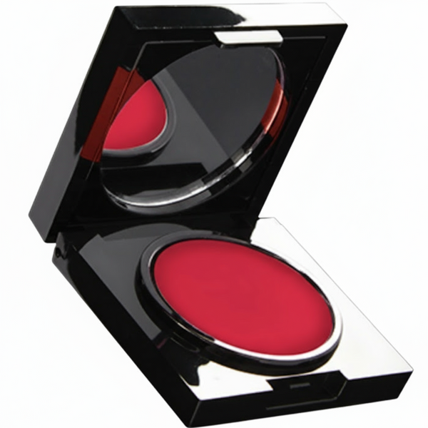 Compact red cream blush in a black case on a white background